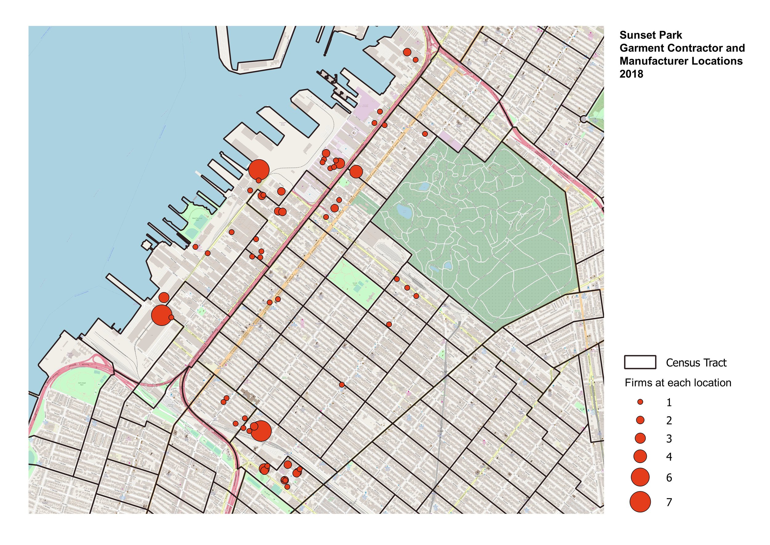 2018 Density Map of Sunset Park Garment Contractors and Manufacturers, Data Source is NYS Department of Labor Apparel Industry Task Force, Prepared by Manju Adikesavan