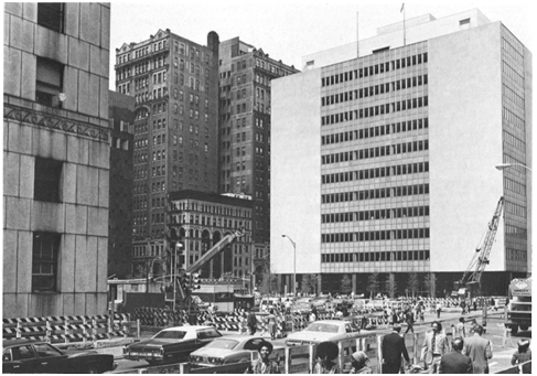The former parking lot on the site of Collect Pond Park in the 1970’s, with the current Civil Court Courthouse at 111 Centre Street one block uptown.