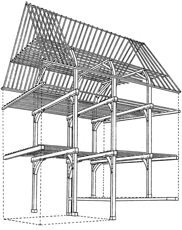 An example of Nederlandic timber framing: though the loss of the drawings for the Company’s “model D” and “model E” houses leaves us without answers to many questions about how they were designed and built, it is likely that they would have been framed much like this, or a some slight variation of it. (Image: adapted from Steven’s Dutch Vernacular Architecture.)