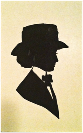This unused postcard was typical of E.J. Perry’s work at various places along the country’s leisure circuit. What may appear to be an ink drawing is actually a scissor-cut free-hand tracing of the subject’s profile from gummed black paper matted to a heavier white card stock. The reverse reads: POSTCARD Silhouette by E.J. Perry, Dreamland, Coney Island, 1909. Collection of the writer.