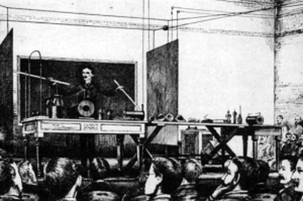 Tesla demonstrating his wireless lamps at Columbia University, May 1891. From "Experiments with Alternate Currents of Very High Frequency and Their Application to Methods of Artificial Illumination," Electrical World, 11 July 1891, pp. 18-19.