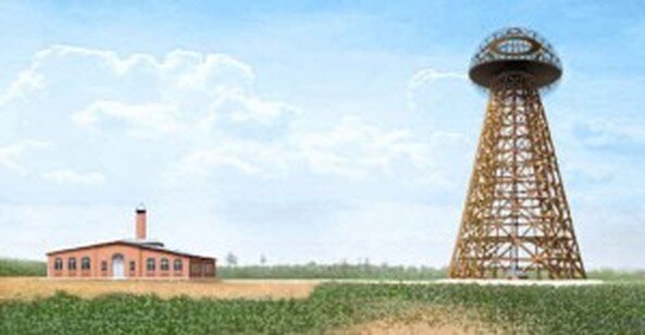 Colorized photograph of Tesla's Laboratory and tower at Wardenclyffe, Long Island. From http://www.fanpop.com/clubs/nikola-tesla/images/26914499/title/wardenclyffe-tower-1903-stanford-white-photo