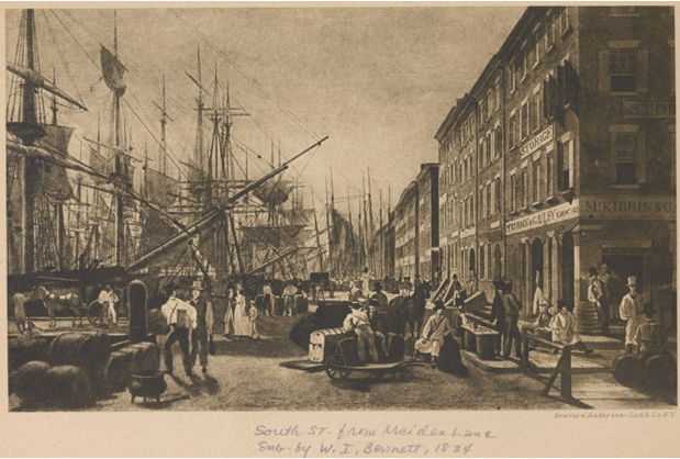South Street from Maiden Lane, 1834 (Courtesy NYPL)