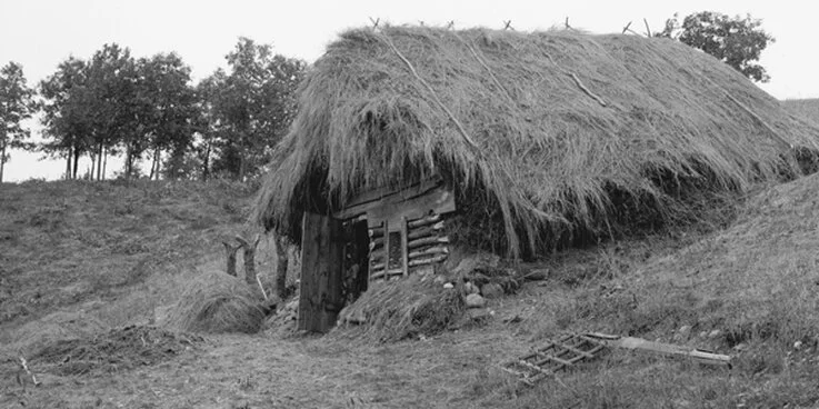 Figure 3: Hillside dugout with a thatched roof (upper Midwest, early 20th century). Though dugouts were built in the early years of both New England and New Netherland, it is rather unlikely that they were ever built on Manhattan. (Photo: The Detroit Company, in the Library of Congress)