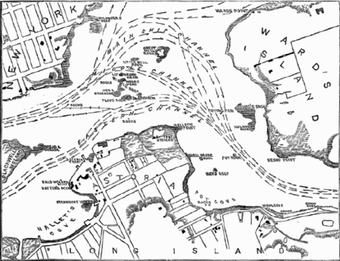 Map of Hell Gate, about 1871. West is top. Note the rocks and the shipping lanes charted around them. (From “The Unbarring of Hell Gate.”)