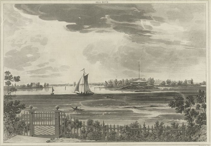 An idyllic scene of Hell Gate, about 1820. From an engraving by John Hill of a painting by Joshua Shaw. The view is from Ward’s Island looking south across Hell Gate. The blockhouse is apparently the one at Mill Rock. Note the tidal movement of the water, depicted in striations in the foreground. (Image courtesy of NYPL.)