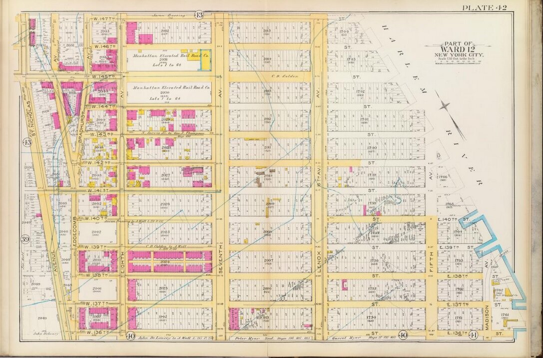Madison Avenue to St. Nicholas Avenue, 136th Street to 147th Streets, 1891. Vacant lots (white) and brick buildings (pink), with old farm boundaries. Most of the area is yet to be developed. Bromley’s Atlas, 1891