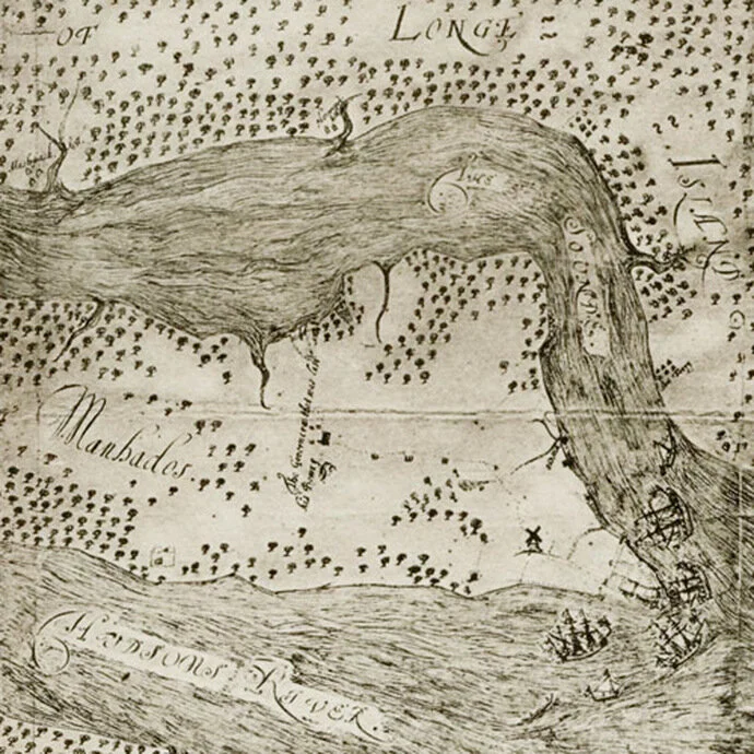 Detail of the 1664–1668 Nicolls Map incidentally showing the approximate extent of the island’s deforestation up to that time. (in Stokes I: plate 10Aa)