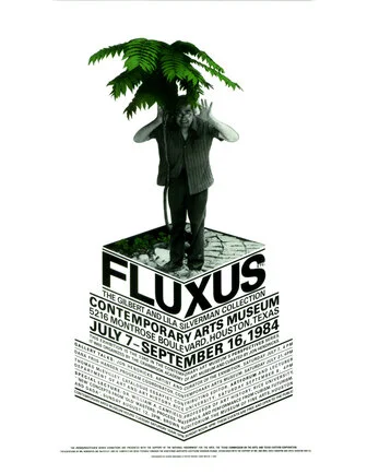 Poster for Fluxus show at Contemporary Arts Museum in Houston, Texas, 1984. George Maciunas with newly planted tree at 80 Wooster Street. Photo of George Maciunas and poster design by Larry Miller ©