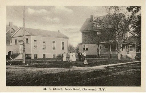 Gravesend Methodist Episcopal Church (formerly lecture room of the Reformed Dutch Church of Gravesend). No. 14 Gravesend Neck Road, southeast corner of Van Sicklen Street, Brooklyn, New York. Postcard, published by F. Johnson, ca. 1910.