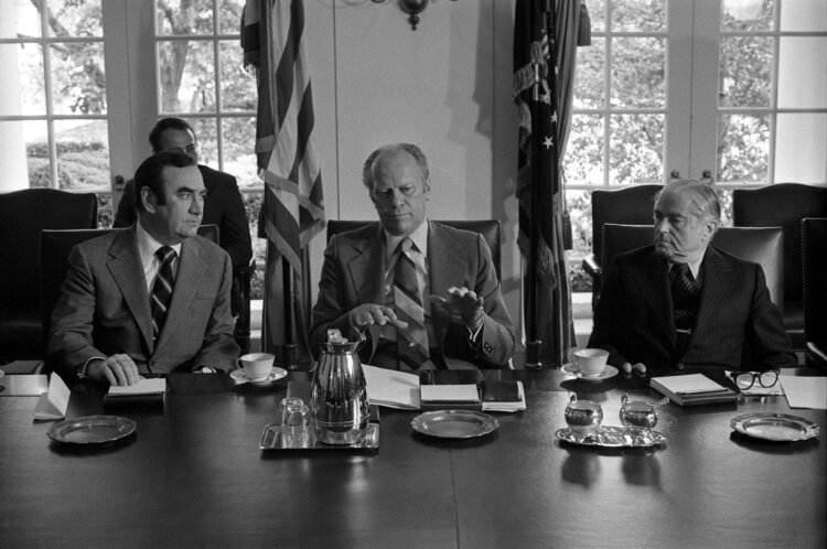 President Gerald R. Ford Meeting with Governor Hugh Carey of New York and May Abraham Beame of New York City in the Cabinet Room to Discuss Federal Aid for New York City