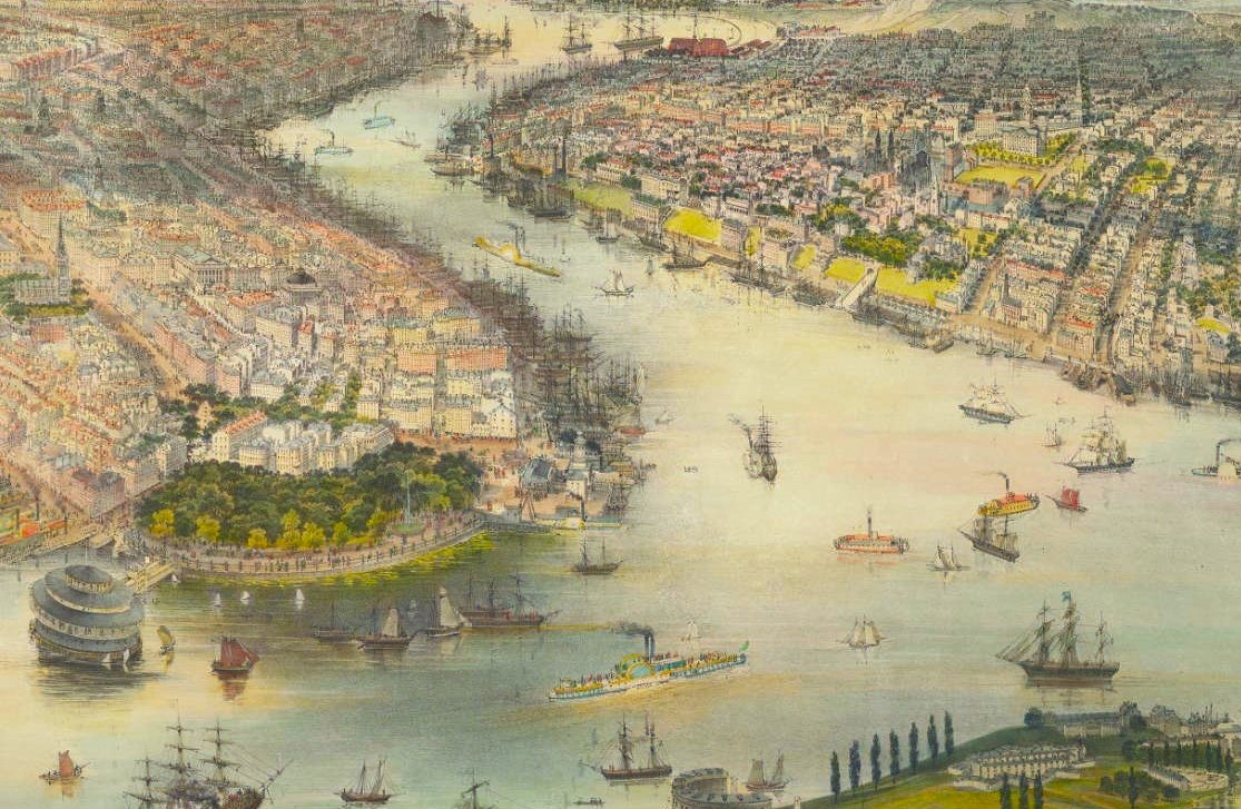  Detail from   "  Bird's Eye View of New York and Brooklyn," by John Bachmann,  1850. The Jay T. Last Collection of Graphic Arts and Social History, Huntington Digital Library 