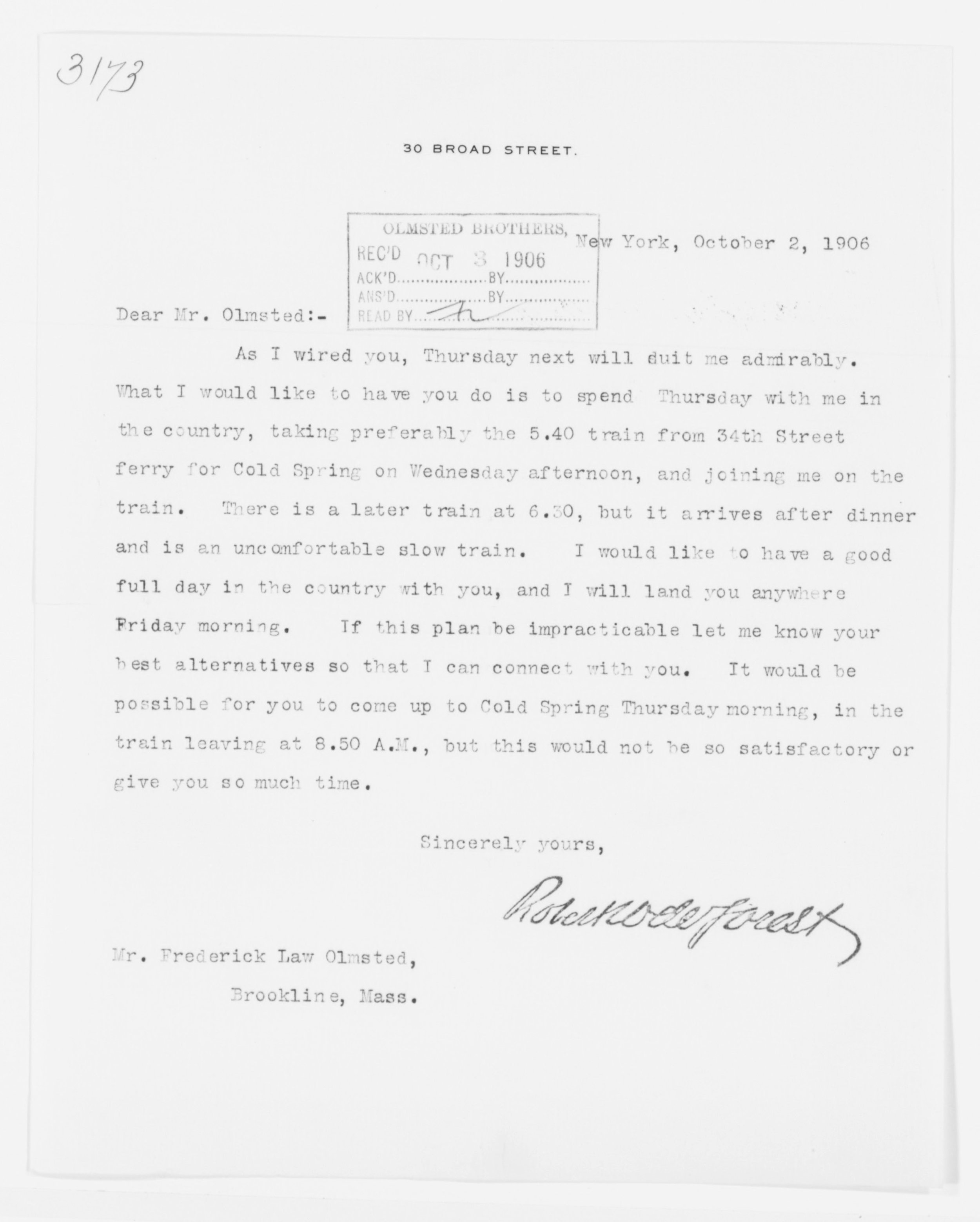  This 1906 letter from philanthropist Robert DeForest arranging a visit with landscape architect Frederick Law Olmsted makes clear just how much the railroad’s schedule determined everyone else’s.  Library of Congress.  