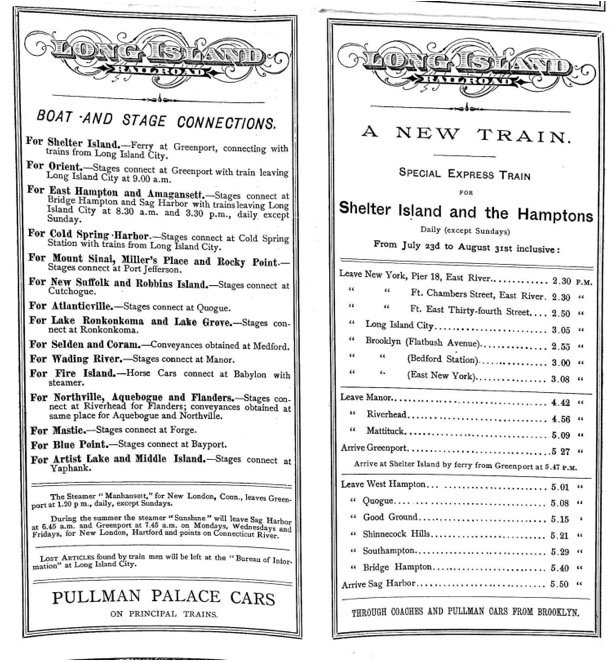  Many, if not most train journeys ended with reliance on a boat or a horse, as this 1890 LIRR timetable hints. New York State Library Manuscripts and Special Collections.  