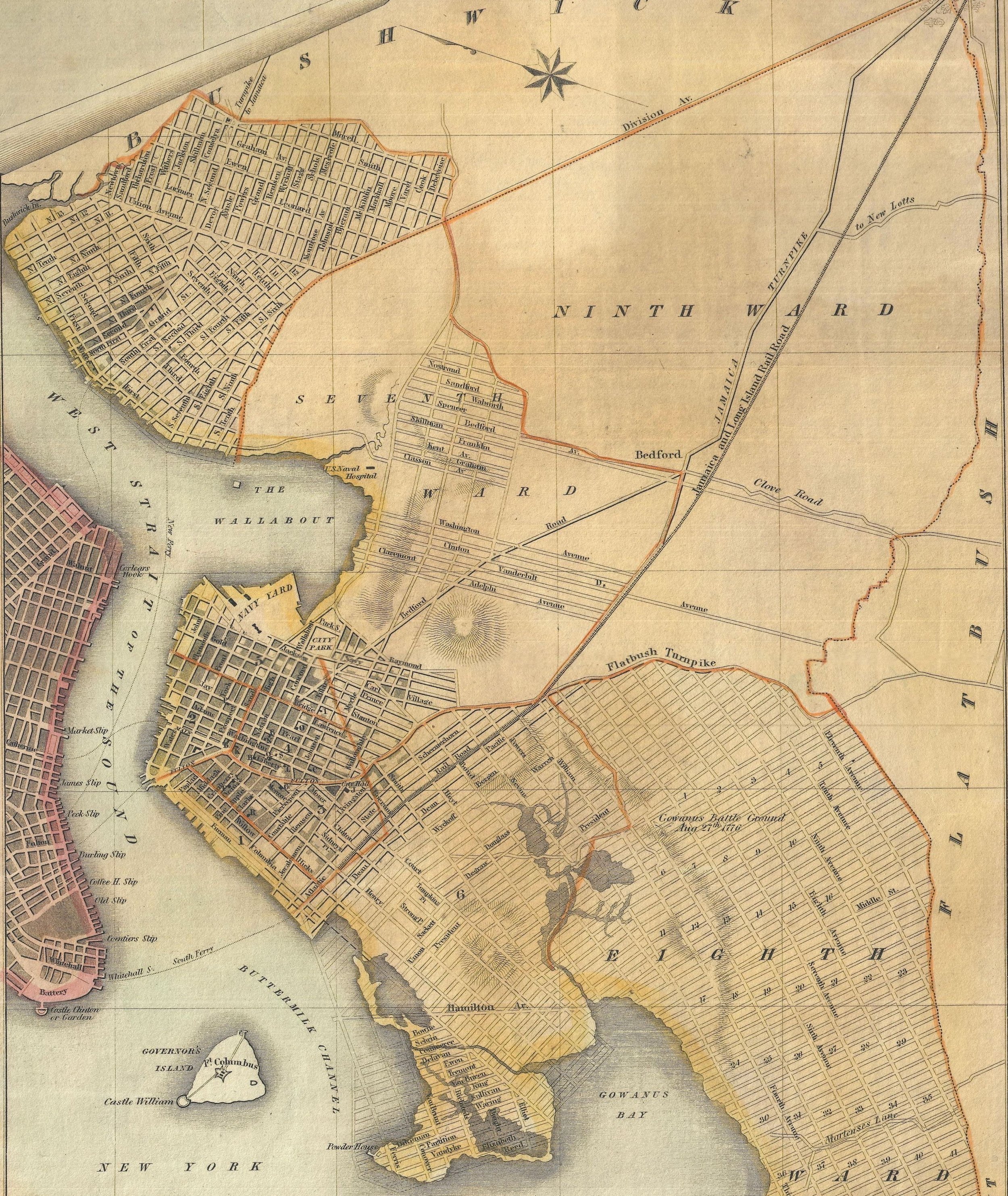  In 1836 the railroad line began at Henry Street in Brooklyn’s Cobble Hill.  In 1844, the LIRR excavated a tunnel that carried trains to the waterfront at the site of today’s Brooklyn Bridge Park.    Detail from Map of Long Island  with the Environs 