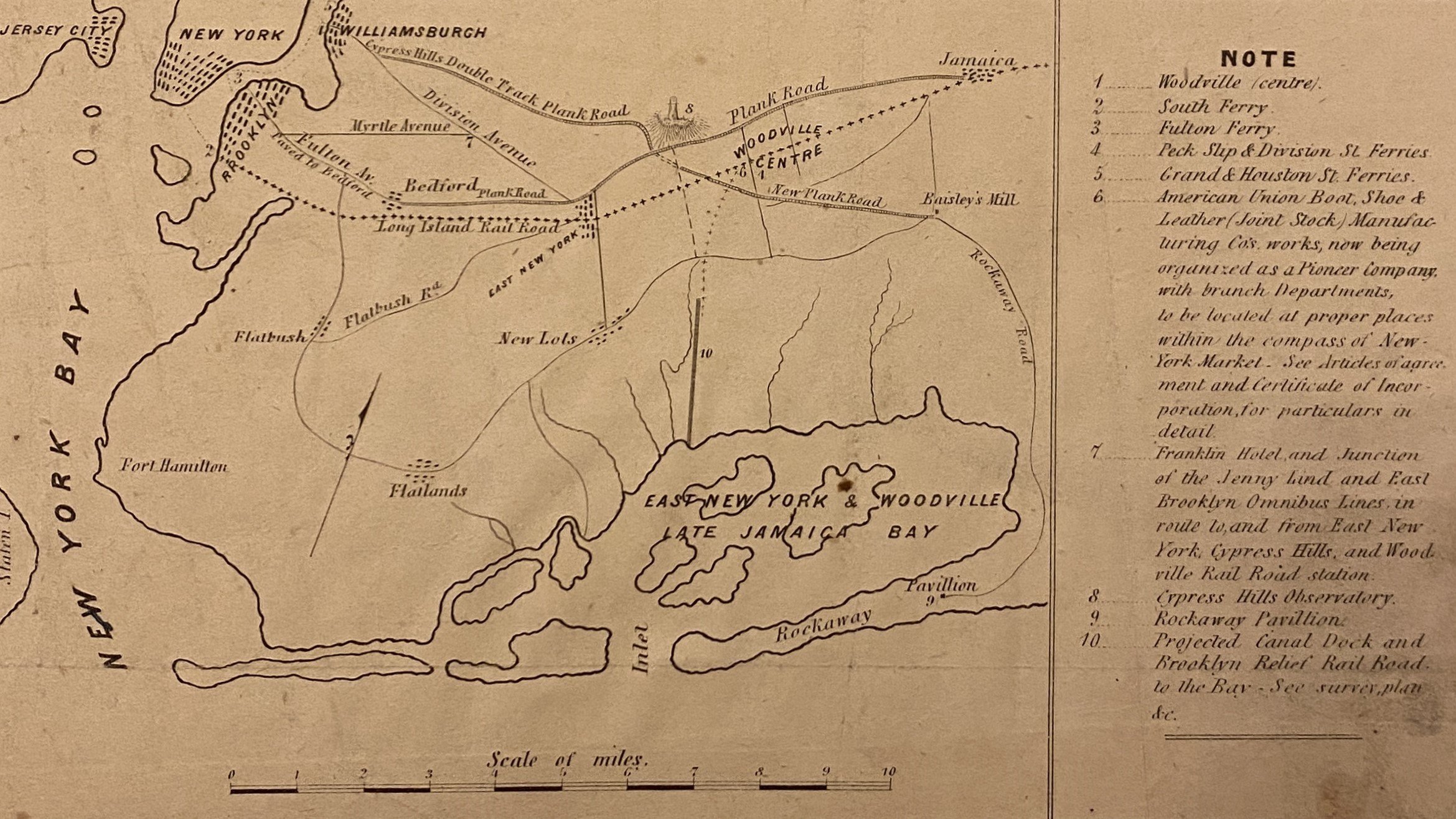   Detail from 1852 map by Martin G. Johnson,  Woodville Centre property situated in the Town of Jamaica[,] County of Queens, State of New York on both sides of the Long Island Railroad &amp;amp; Plank Roads.    New-York Historical Society.  