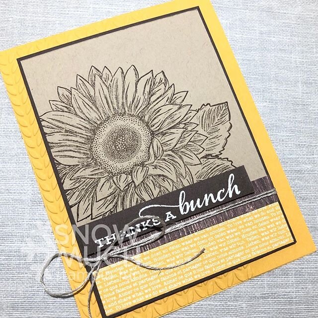 Thanks a Bunch with Celebrate Sunflowers Stampset! I love this rustic tone on tone with Early Espresso ink on Crumb Cake Cardstock. I created an easy mask for my flower using the Sunflowes Dies so I could stamp my leaves so they look like they come o