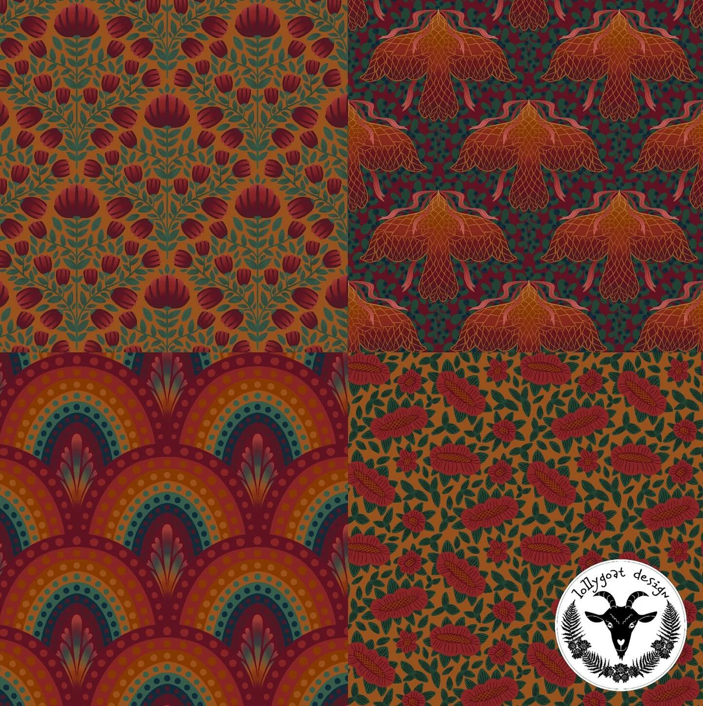 I&rsquo;ve been stuck in bed with Covid for the past couple of days, and today I finally felt well enough to get some work done. My collection Warm Autumn Vibes is now available in my #spoonflowershop along with coordinating solids.
.
This collection