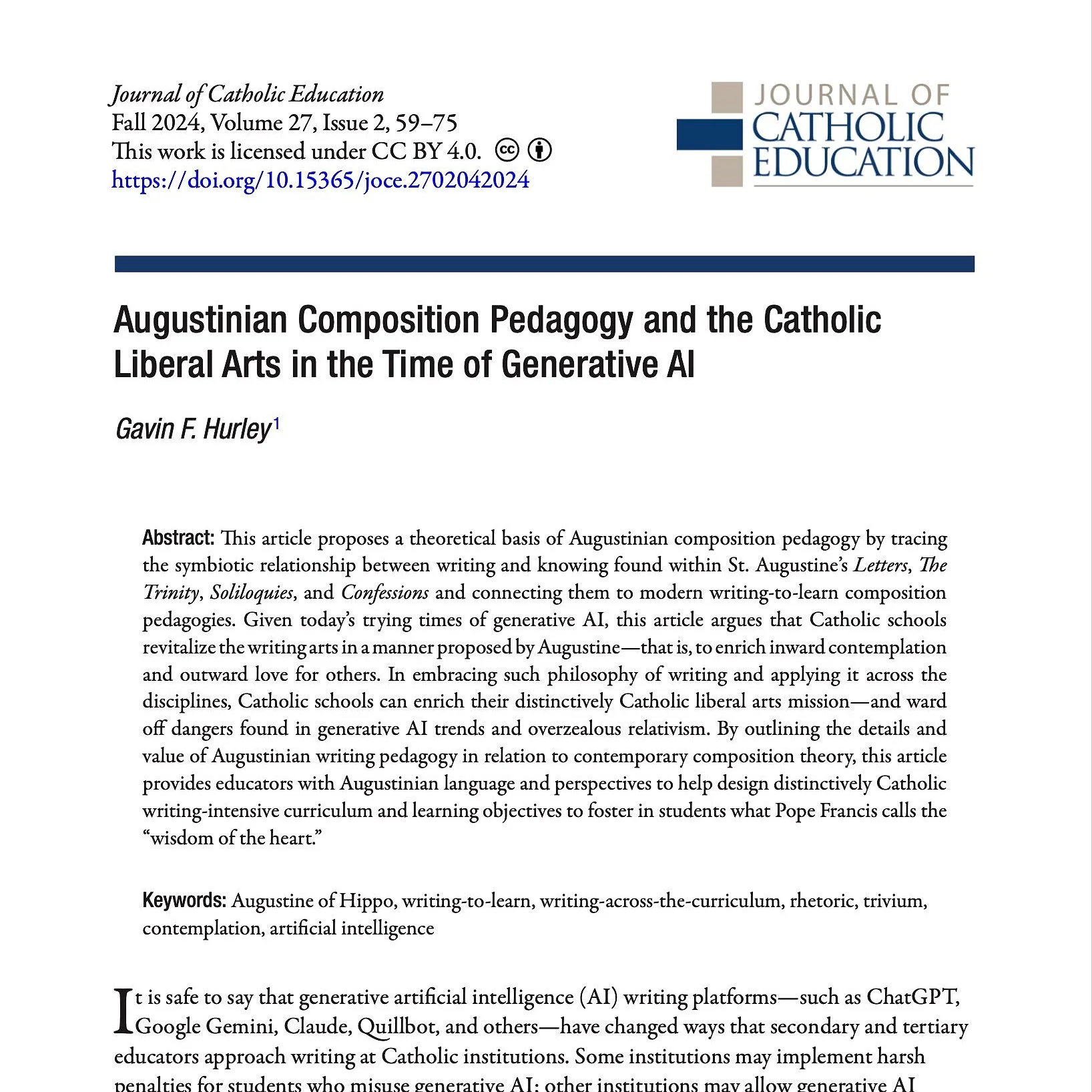 Gavin F. Hurley's scholarly journal article on Writing Pedagogy, Augustine, and Generative Artifical Intelligence