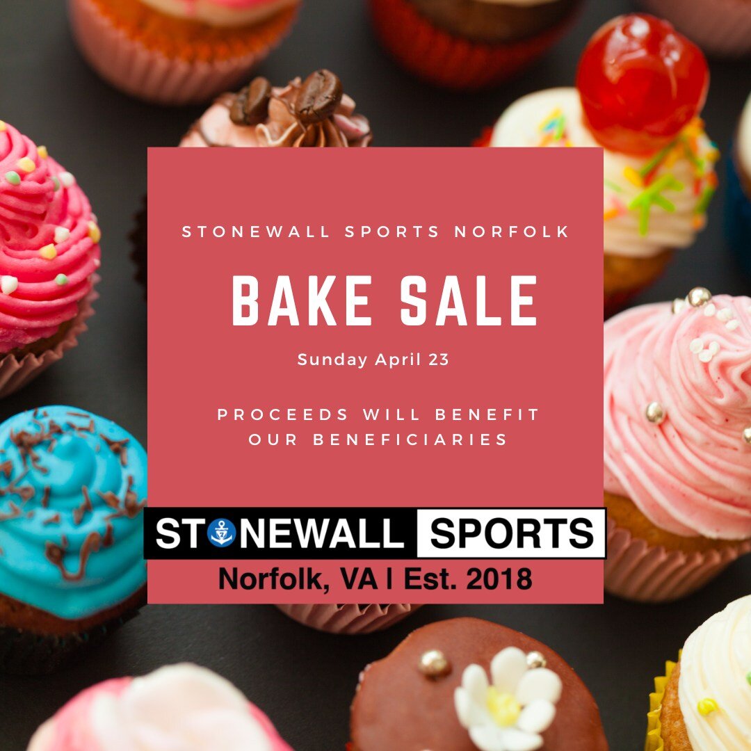 This Sunday, BRING YOUR SWEET TOOTH and help out some good causes!

We will be having a bake sale to help raise money for our beneficiaries: The Virginia Queer Film Festival and Hampton Roads Pride's Youth Scholarship. 

#StonewallSportsNorfolk #ston