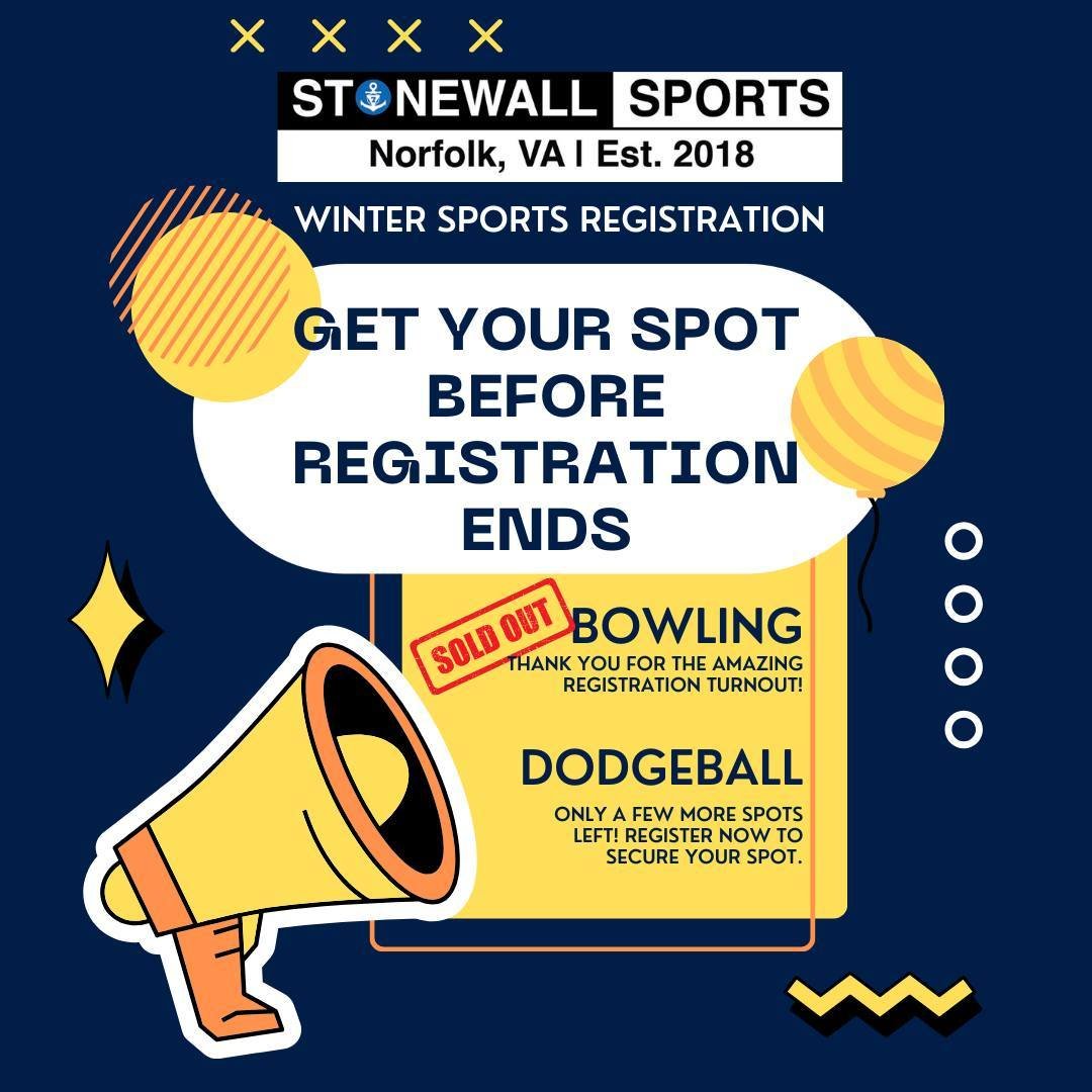 🎉 Winter sports are coming soon! Bowling is SOLD OUT (thank you for the amazing turnout 🙌), but there are still VERY limited spots left for DODGEBALL! 

Don&rsquo;t wait&mdash;secure your spot today! 🌈✨
https://linktr.ee/stonewallsportsnorfolk
 #S