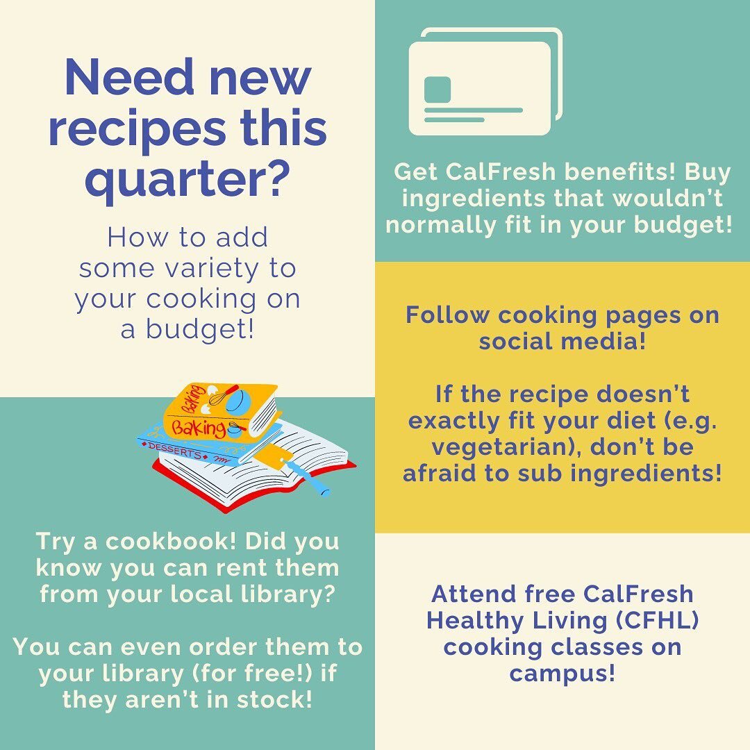 Are you looking for some new recipes this quarter? Here are some tips for trying new recipes on a budget! Comment some of your favorite tips or favorite websites/books to get recipes from!
