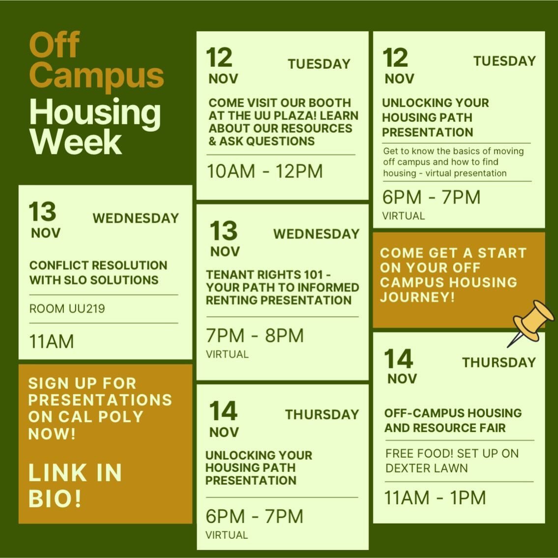 Check us out @calfreshcalpoly on November 14 at the Resource Fair and join Cal Poly&rsquo;s Off-Campus Housing Program for a week of presentations and events about living off-campus in SLO County. We&rsquo;ll explore what you need to know when moving
