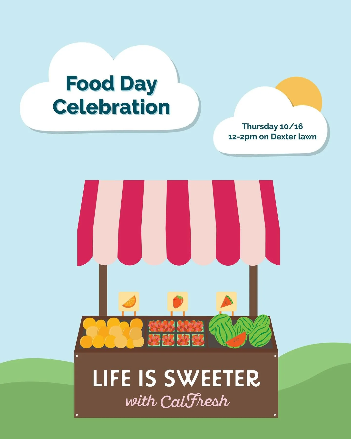 Join us today to celebrate World Food Day! 🥳 We’ll be on Dexter lawn from 12-2pm to answer any and all questions about CalFresh, we hope to see you there! 🤩 #calfresh #calpoly #worldfoodday