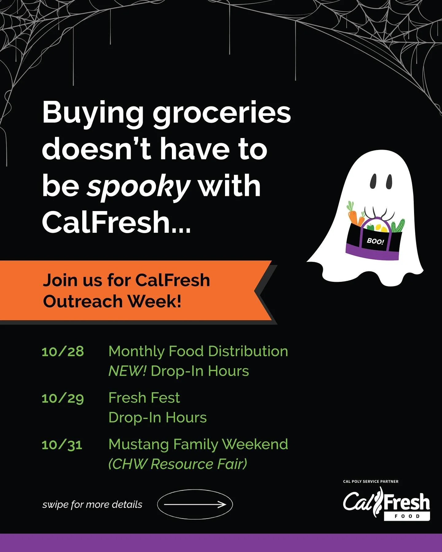 Join us for a spooky CalFresh Outreach week filled with fun activities, resources, prizes, drop-in hours, and more!🎉 See you there Mustangs!!👻🎃
#calfresh #calpolyslo