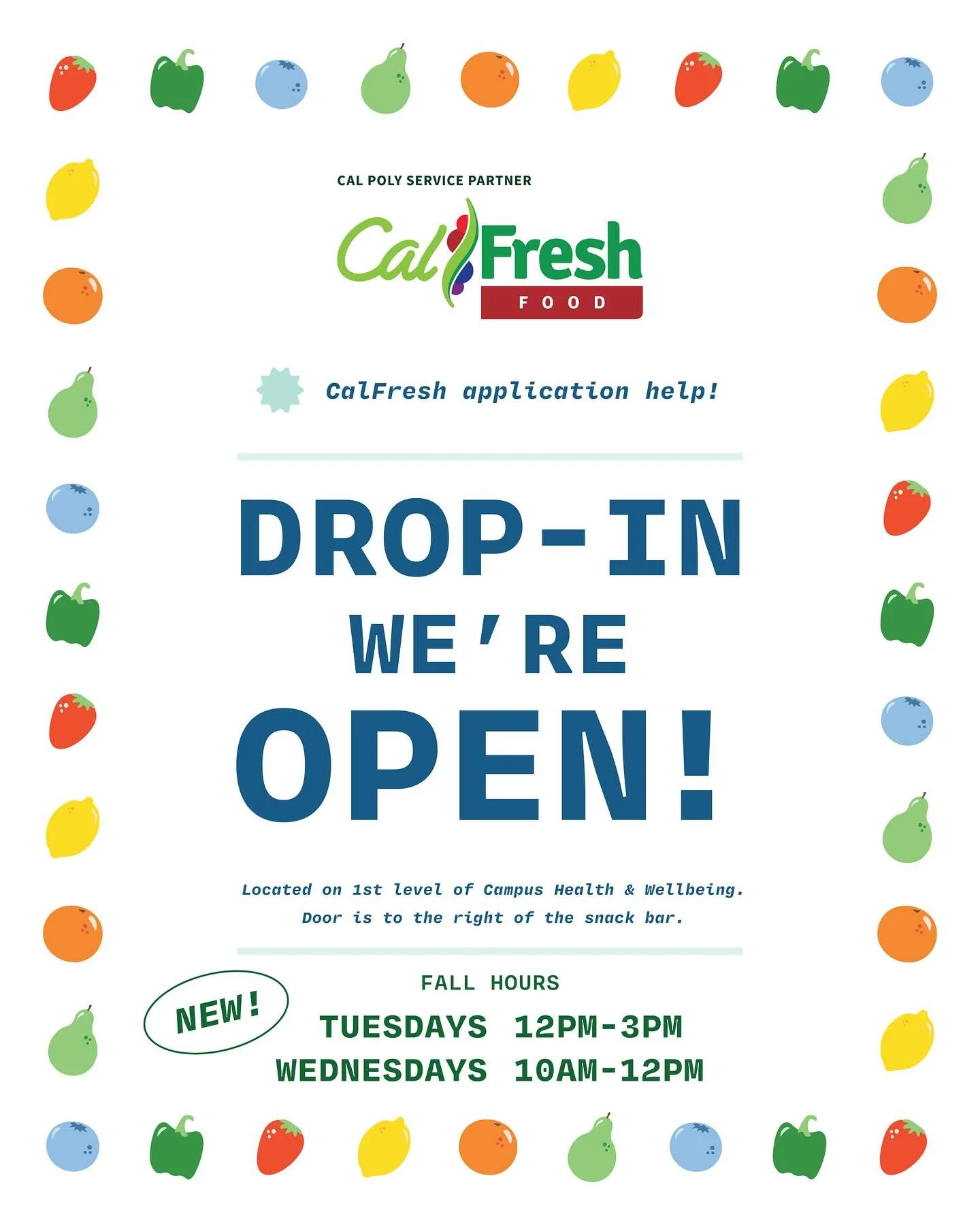 NEW Drop-In Hours added‼️Our updated Fall quarter hours now include drop-in times on Tuesdays, from 12PM-3PM, in addition to Wednesdays, 10AM–12PM. 🙌 We’re here to assist you with questions about CalFresh or help with your application! ?