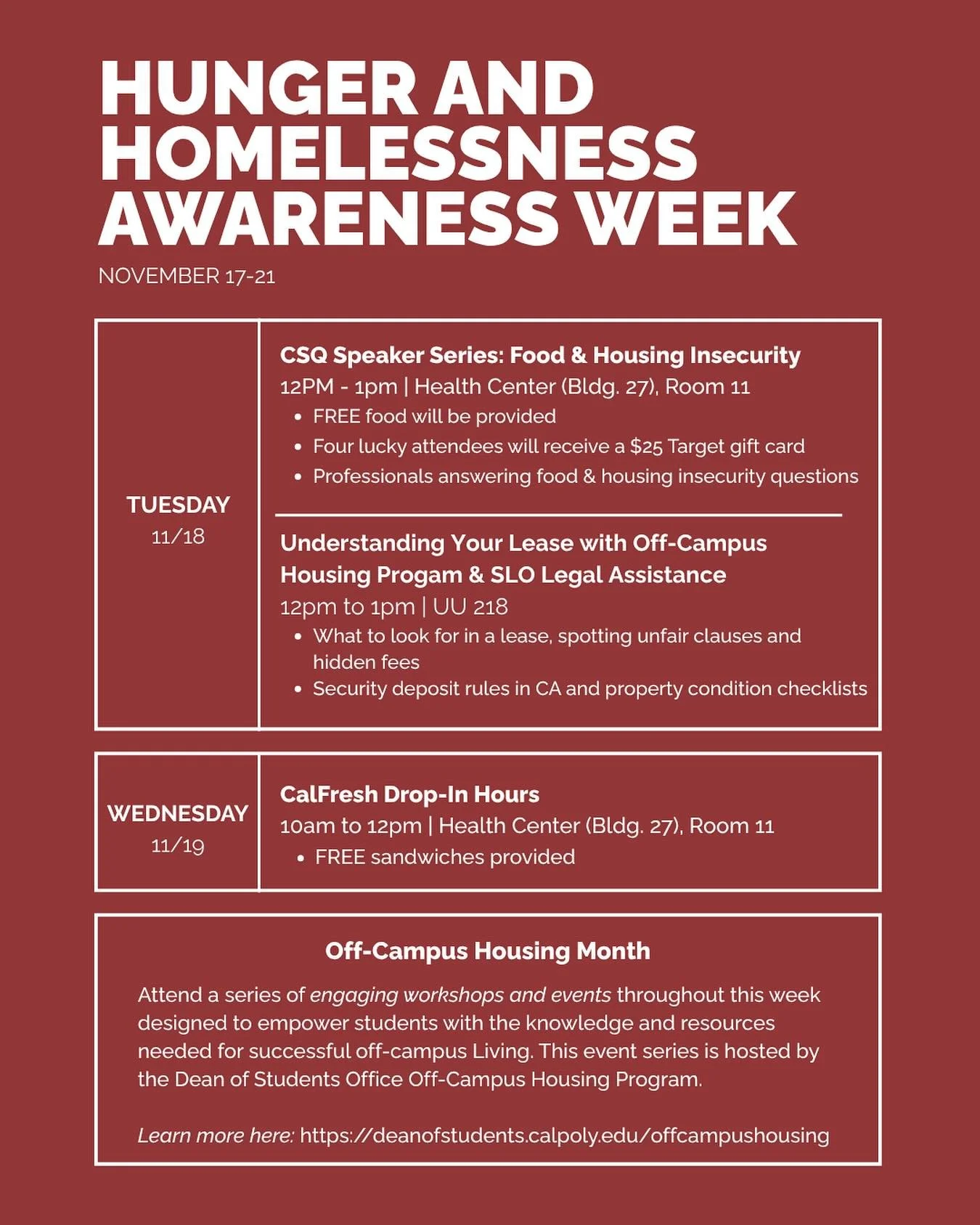 This week is Hunger and Homelessness Awareness Week! Join us tomorrow for the CSQ Speaker Series 🎤or the Understanding Your Lease presentation 📝, and stop by Wednesday for CalFresh Drop-In Hours - free lunch is provided at both the CSQ Speaker Seri