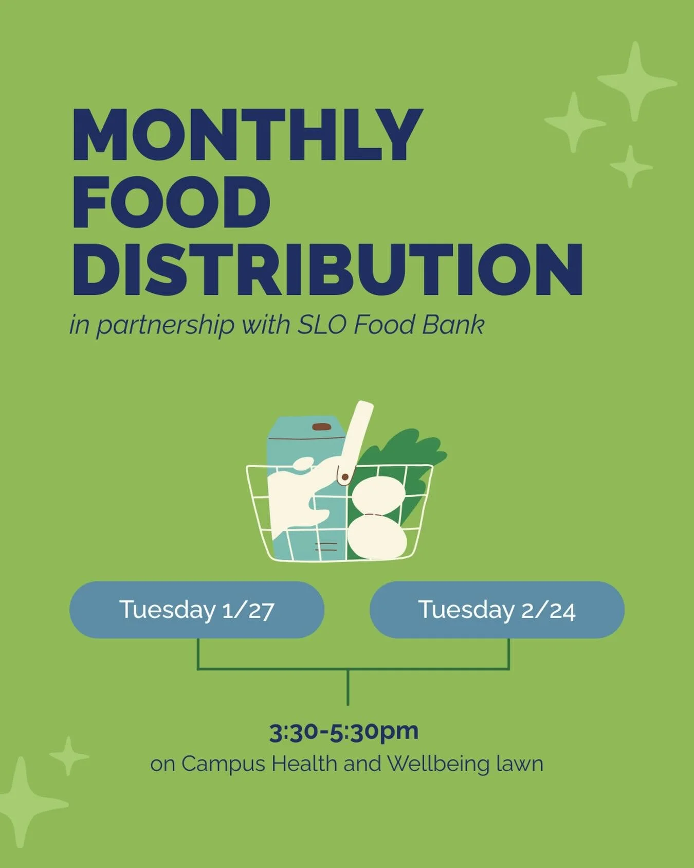 Mark your calendars to stop by our monthly food distribution in partnership with SLO Food Bank on both Tuesday 1/27 and 2/24! Located on the Campus Health and Wellbeing (CHW) lawn next to the REC, distributions will be happening from 3:30-5:30pm. See