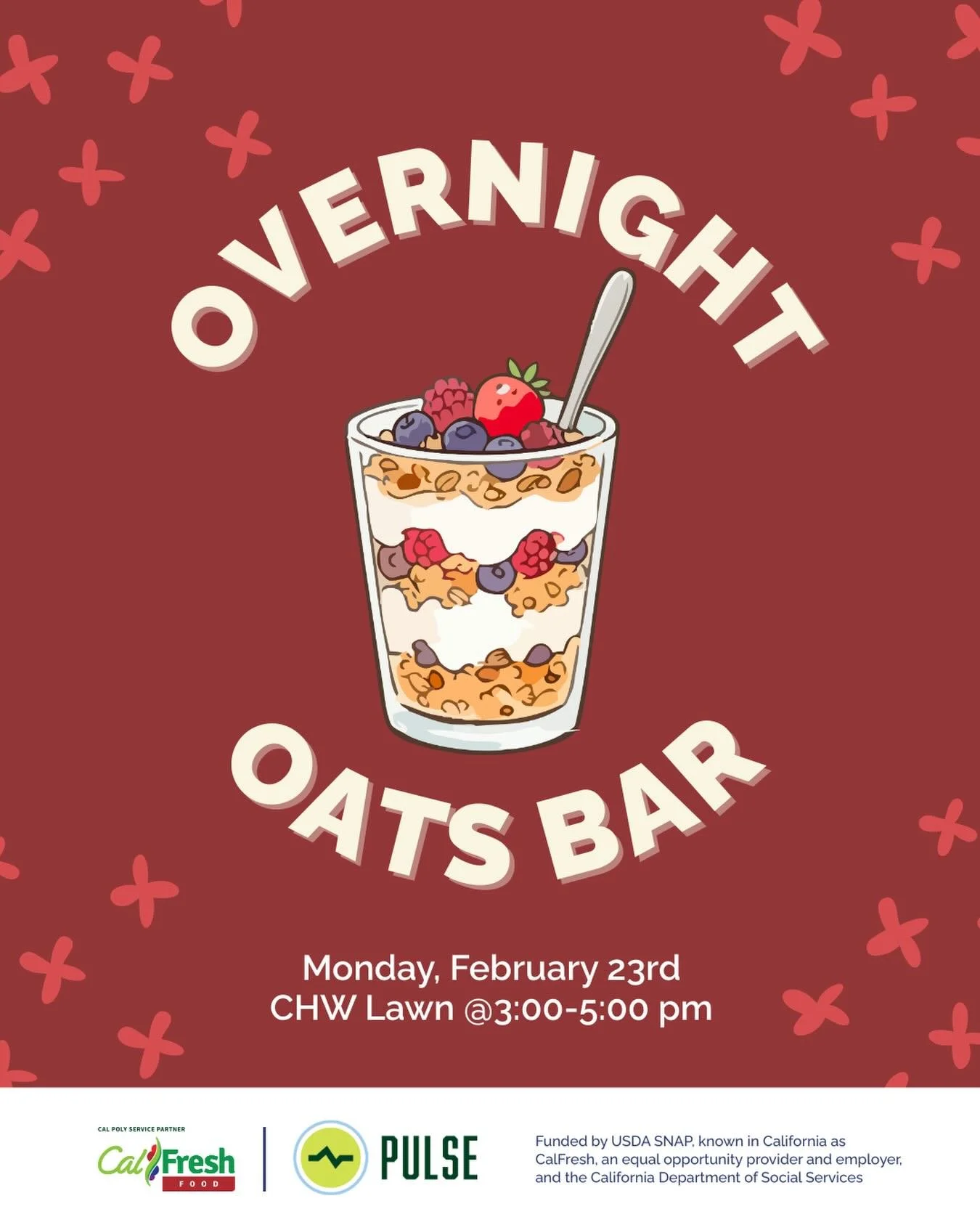 Come prep a jar of overnight oats with us!🫐🍓 Learn about meal prepping tips and Cal Fresh on Monday, 2/23 from 3-5pm on the Campus Health and Wellbeing Lawn! See you there :)