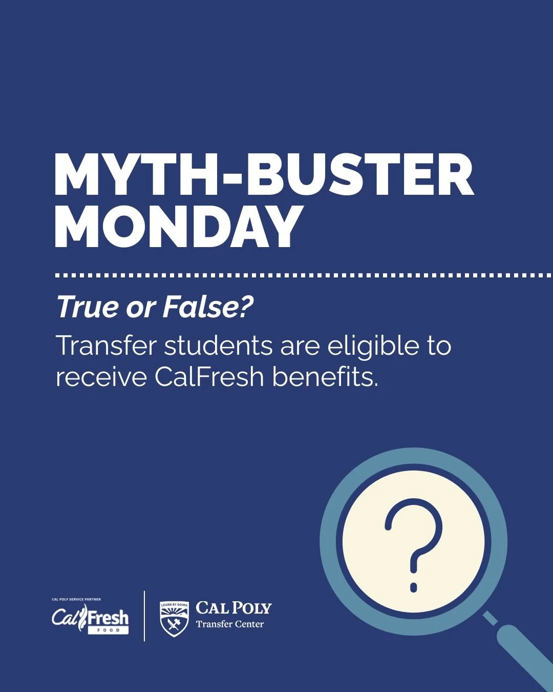Today&rsquo;s myth-buster Monday highlights our wonderful transfer students! Did you know that transfers can qualify for CalFresh? If you are uncertain whether you may qualify for benefits, visit our website (linked in bio) to take our eligibility sc