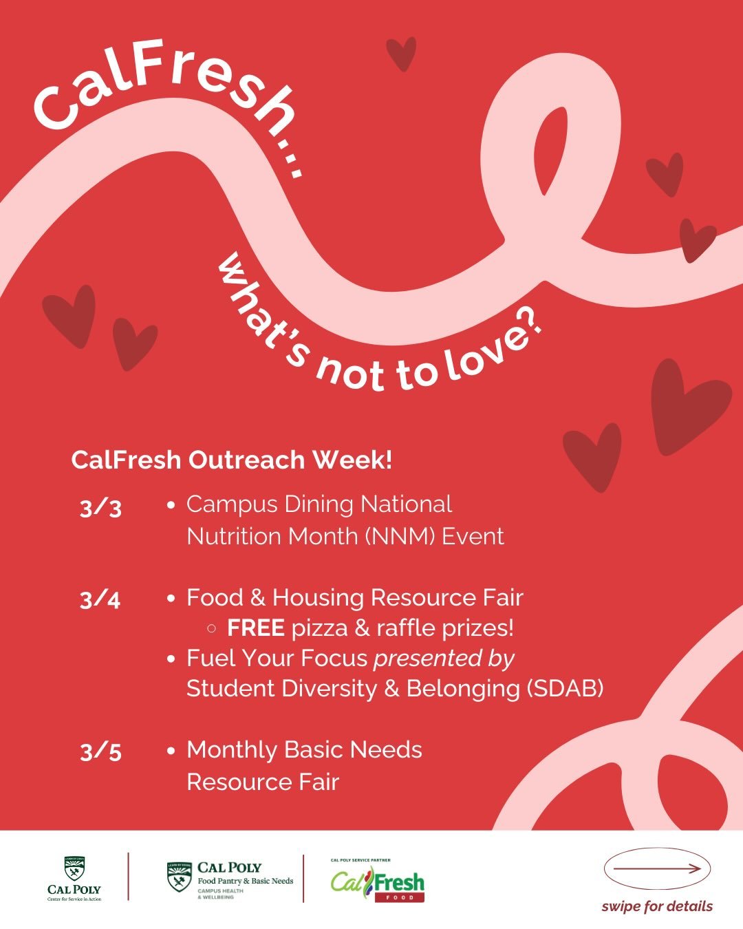 What&rsquo;s not to LOVE about CalFresh?❤️ Join us for CalFresh Outreach Week with events from March 3rd through the 5th! Learn about National Nutrition Month (Tuesday, 3/3), Food &amp; Housing resources (Wednesday, 3/4), Fueling Your Focus (Wednesda