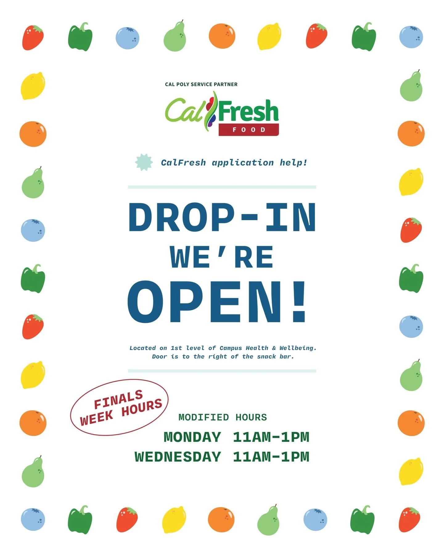 Modified drop-in hours for winter quarter finals week! Stop by from 11am to 1pm this Monday 3/16 and Wednesday 3/18 for any questions and application help! See you there 😊 #calfresh #calpoly #calpolyslo