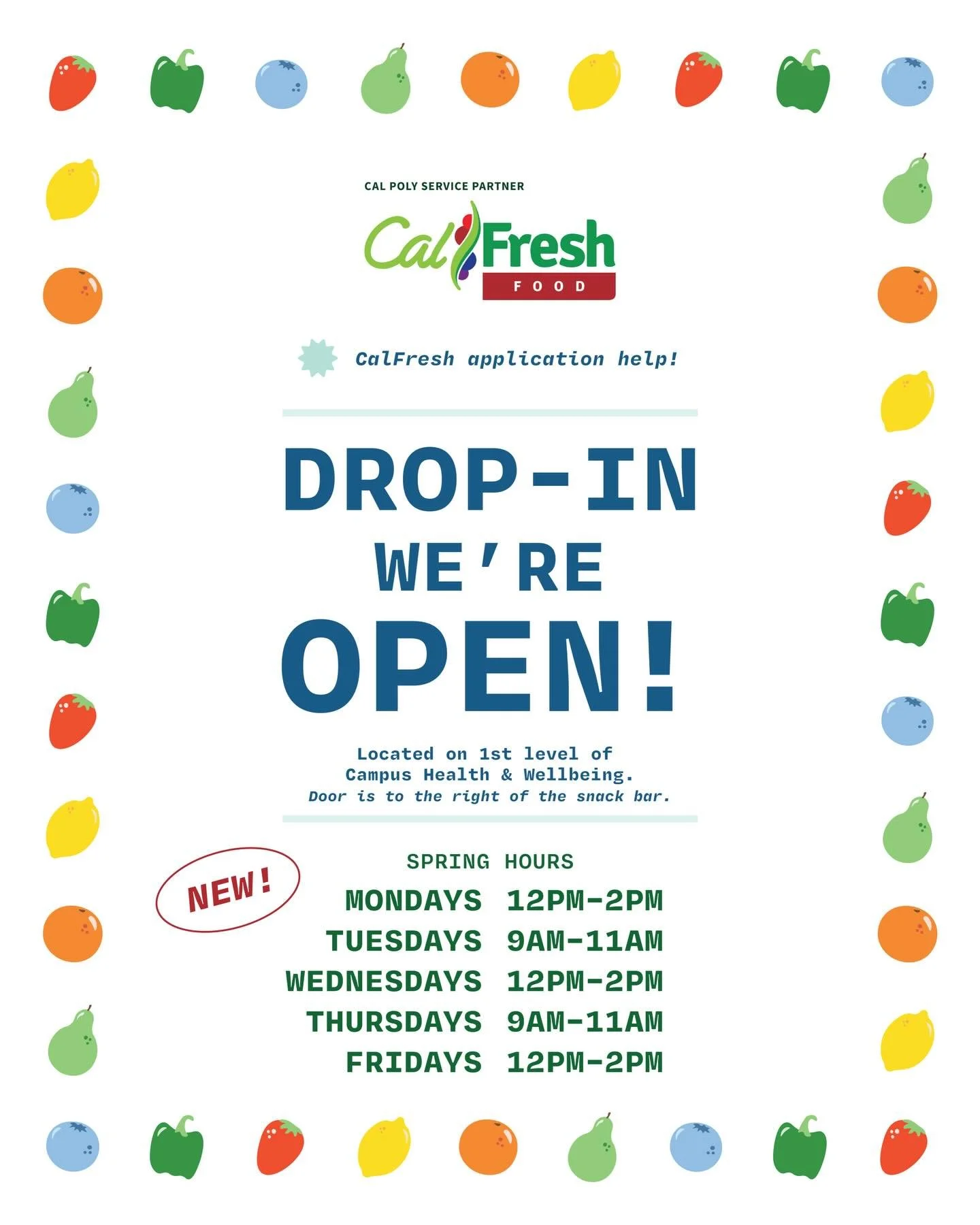 Happy Spring Quarter Mustangs!🍓Have any questions or need assistance with your CalFresh application? We got you! 🙌 Here&rsquo;s our Spring Quarter drop-in hours: Mondays, Wednesdays and Fridays from 12-2pm &amp; Tuesdays and Thursdays from 9-11am. 