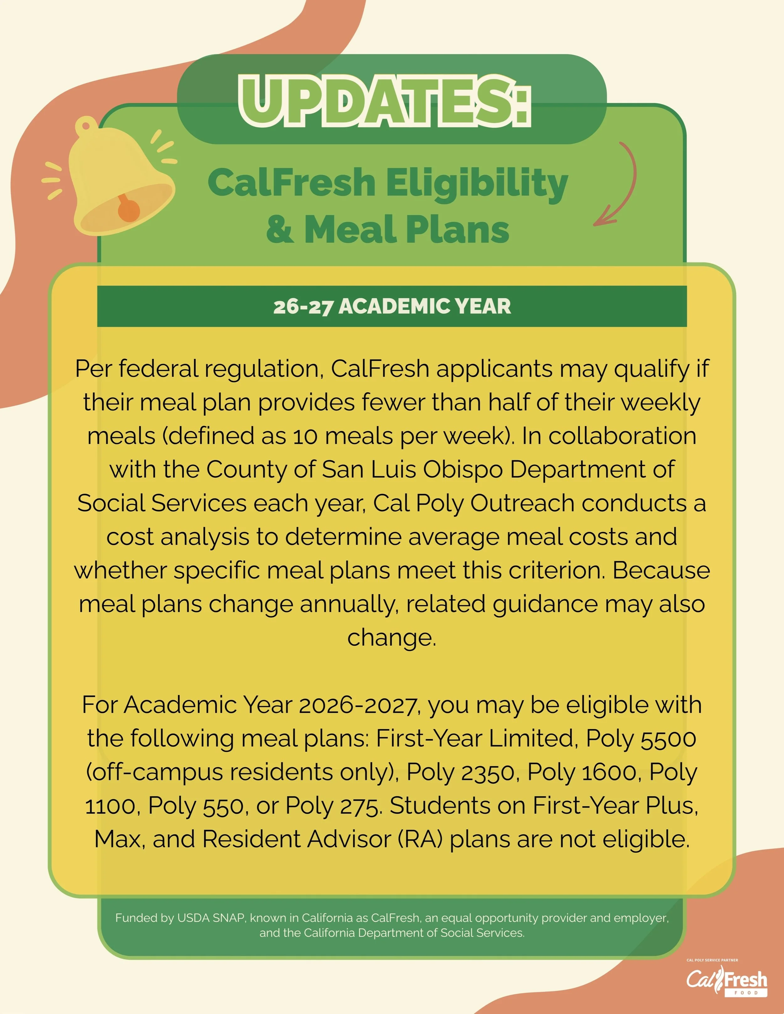 Hi Mustangs 💚 We hear you. We&rsquo;ve received many questions about AY 26-27 meal plans and CalFresh eligibility.

We share your frustration regarding the First-Year Plus meal plan no longer qualifying as likely eligible for CalFresh. We know many 