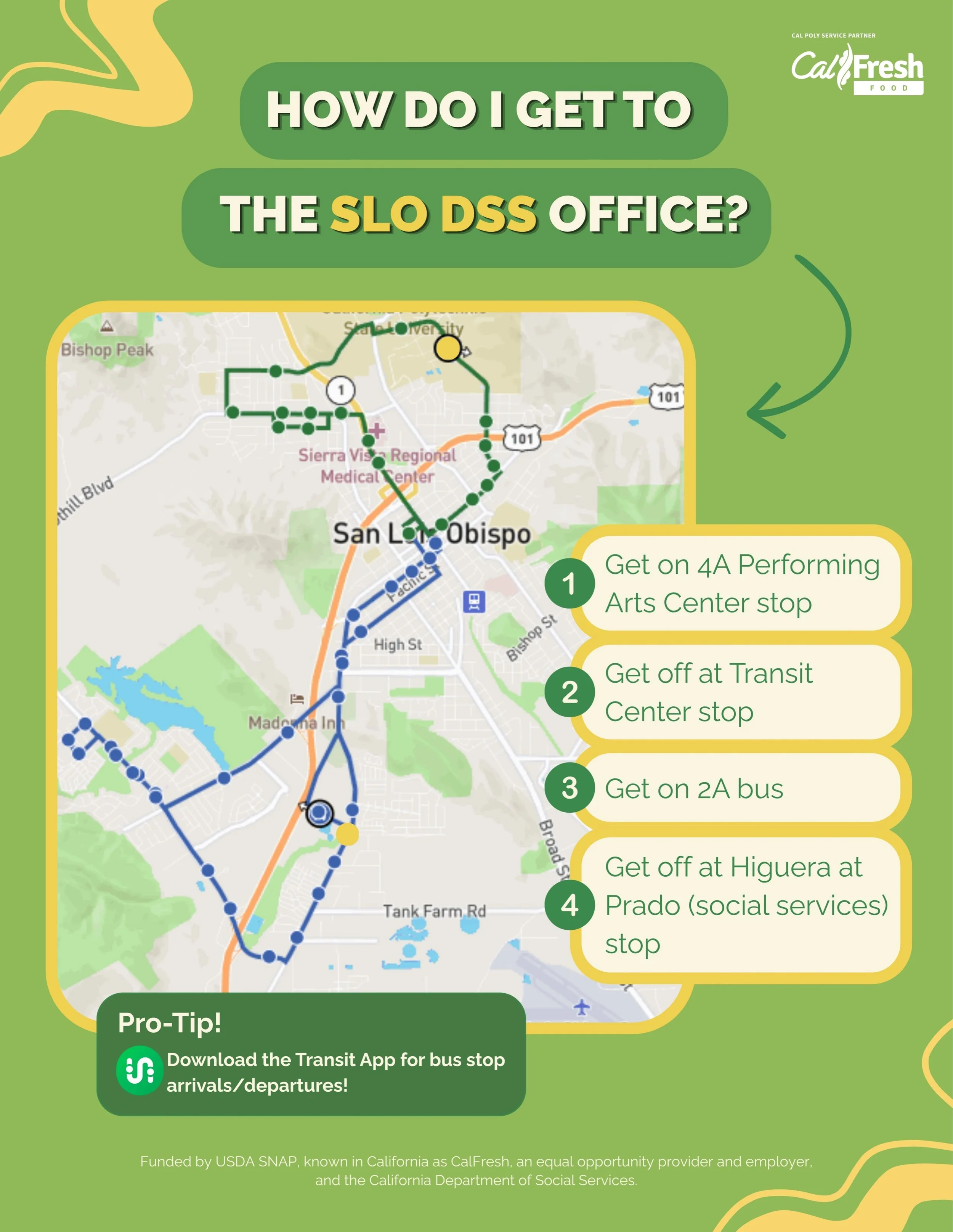 Need to visit the SLO Department of Social Services (DSS) office in person but don&rsquo;t have a car? No problem! You can take the bus to SLO DSS, just bring your Polycard! Students may visit the office Monday - Friday anytime between 8am - 4pm for 