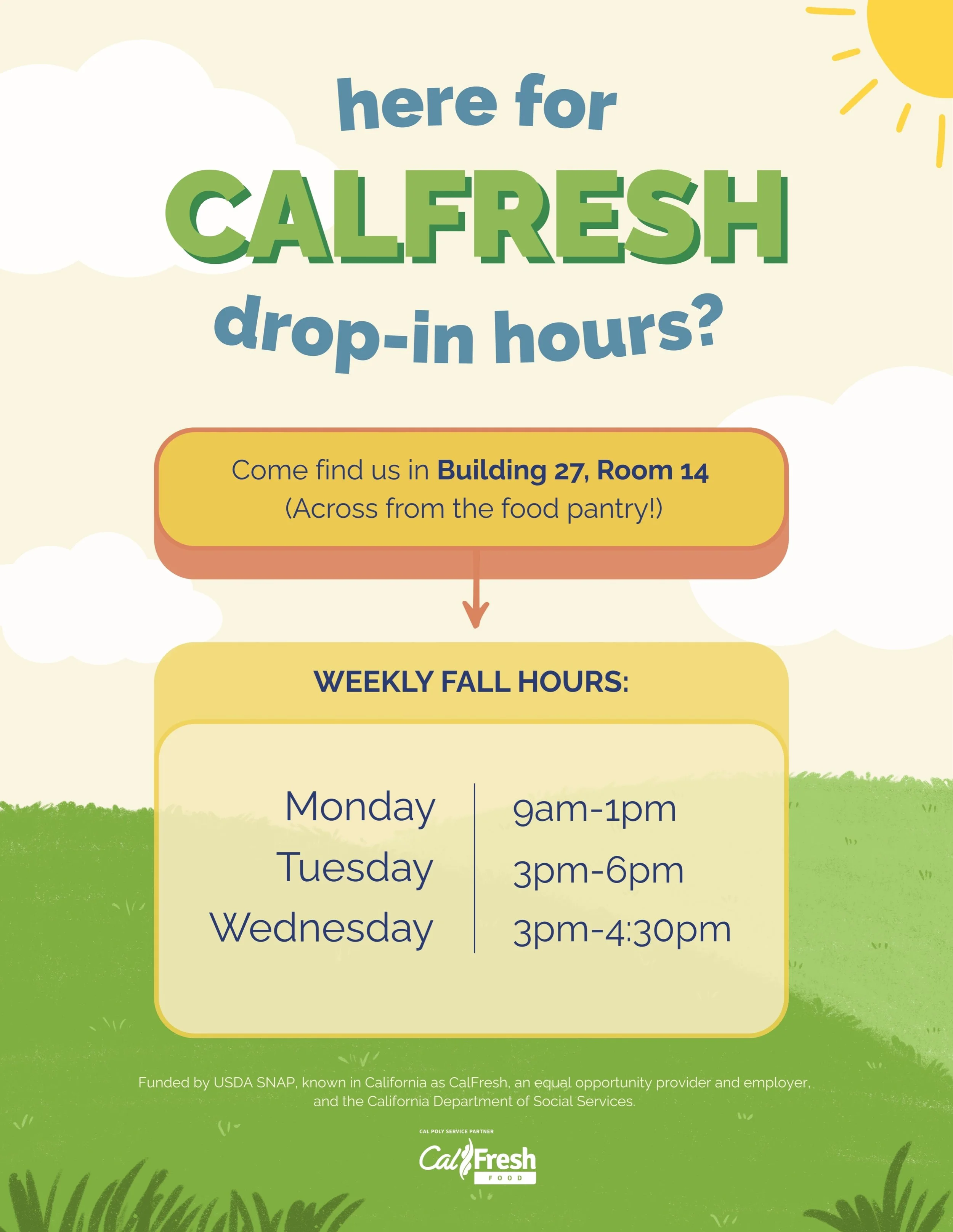 QUICK UPDATE: 
For the month of October, our drop-in hours will be held in 27-14 (across from the food pantry)! Our weekly hours will remain the same:) 💚