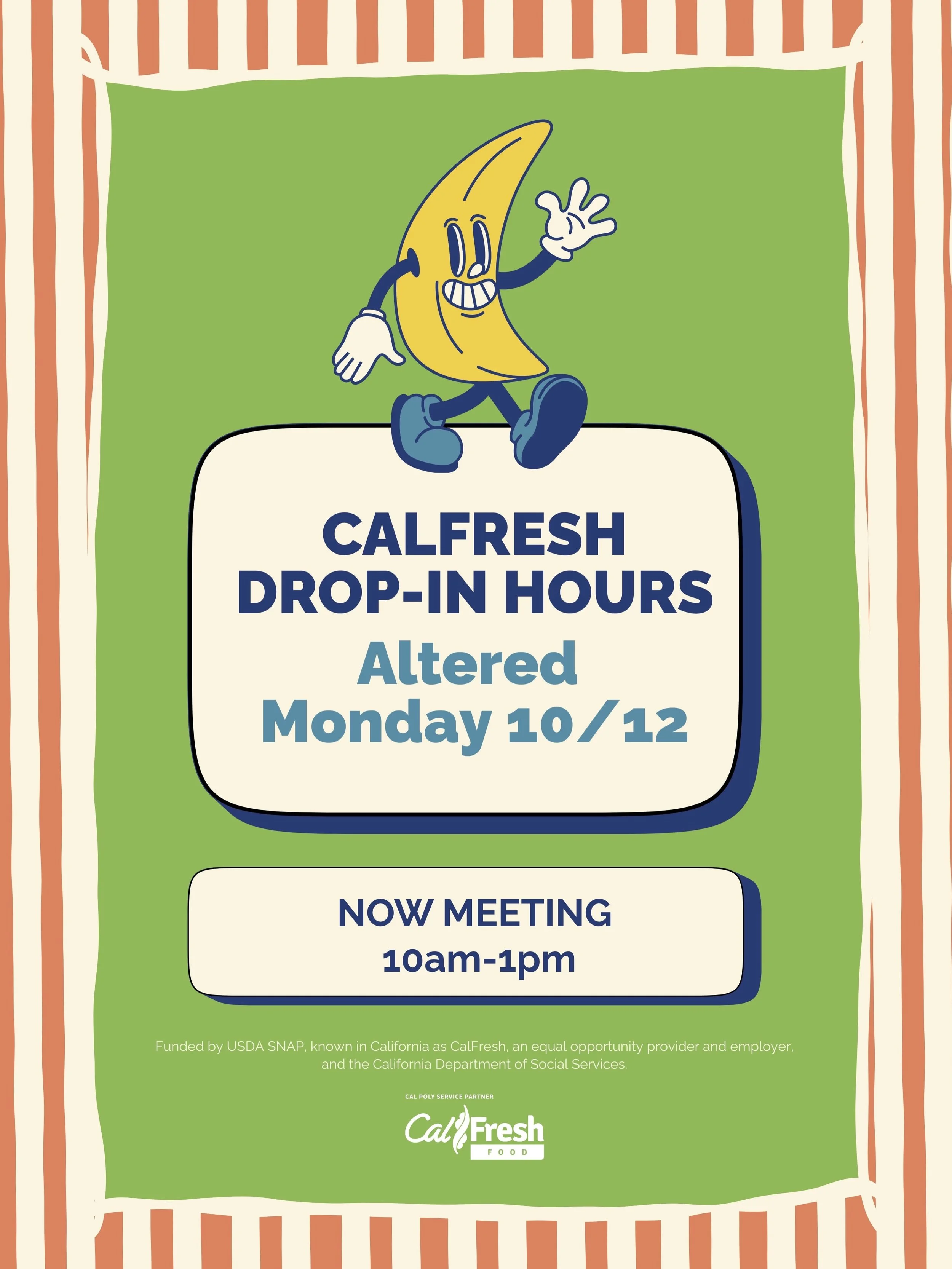 HEADS UP: 
This Monday (10/12), our drop-in hours have been altered and will now take place 10am-1pm! Normal Monday hours will presume next week. Hope to see you there:)