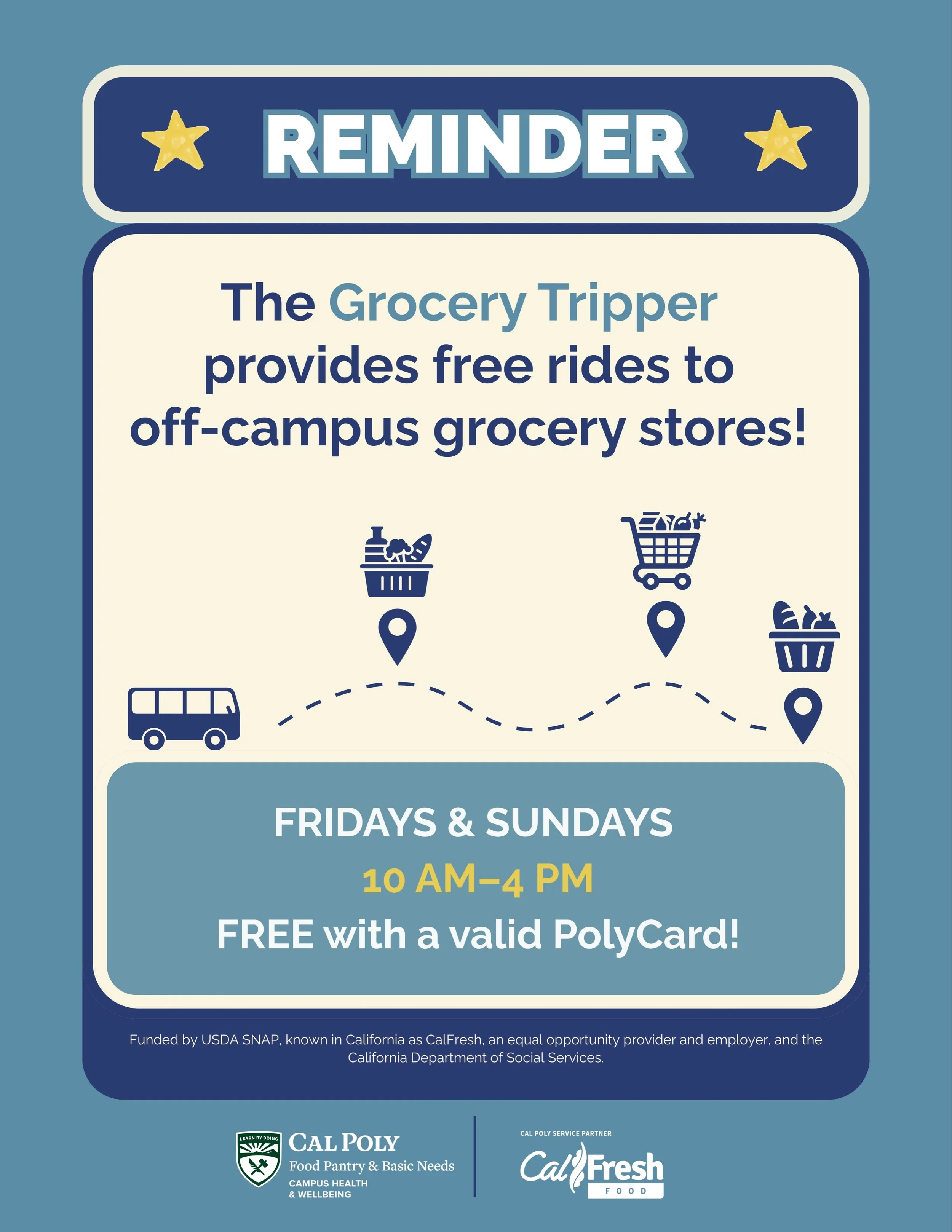 Friendly reminder, Cal Poly students have access to the Grocery Tripper shuttle, which is an awesome, free resource for everyone! This is a great opportunity to use your CalFresh benefits. 🍂🍏🍁🍐

#calfreshoutreach #calfresh #ebt