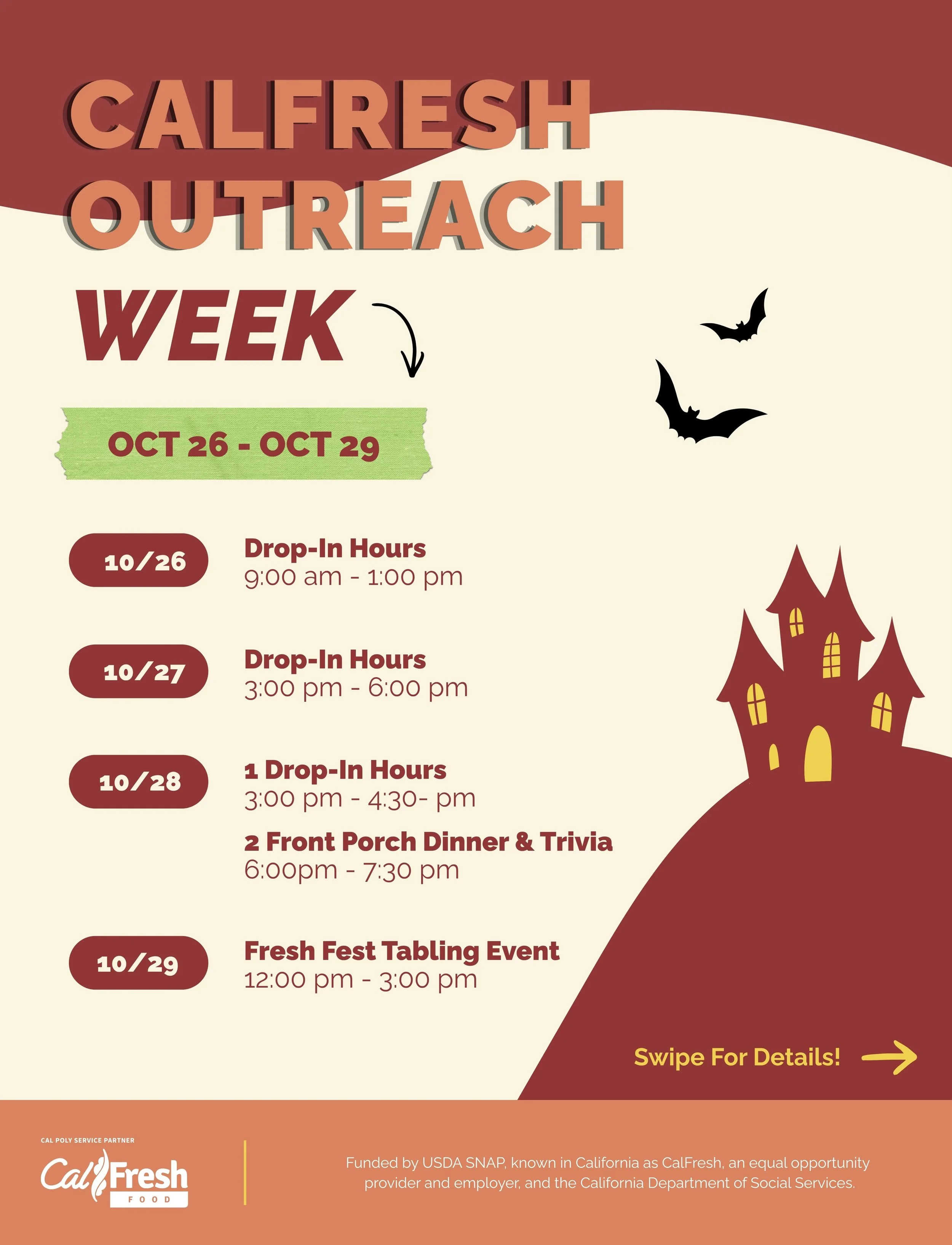 It&rsquo;s CalFresh Outreach Week, Mustangs! 🎃🍂

We&rsquo;ve got some fun events lined up this week, and we&rsquo;d love to see you there! 💚

🍅 Wednesday 10/28 | Dinner &amp; Trivia Night
Join us at Front Porch from 6&ndash;7:30 PM for creamy tom