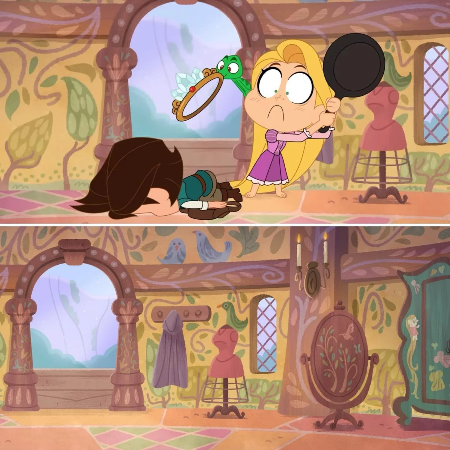 Kicking off world princess week with some of my favorite backgrounds I painted from Disney&rsquo;s &ldquo;Tangled: As Told By Chibi&rdquo; ☀️ Please go watch the short that our team worked so hard on!
.
.
Art director: @speed.e.gonzalez 
Layout: @ios
