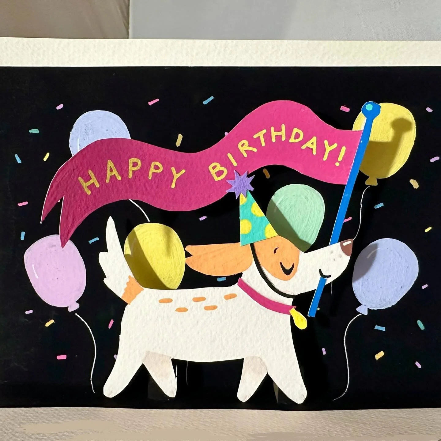 For my husband&rsquo;s birthday a few weeks ago, I wanted to make him a pop-up birthday card featuring our favorite girl 🎈🐶 
.
.
.
#popupcard #card #birthday #birthdaycard #diy #handmade #handpainted #ourpupluna #luna #paperart #papercraft #gouache