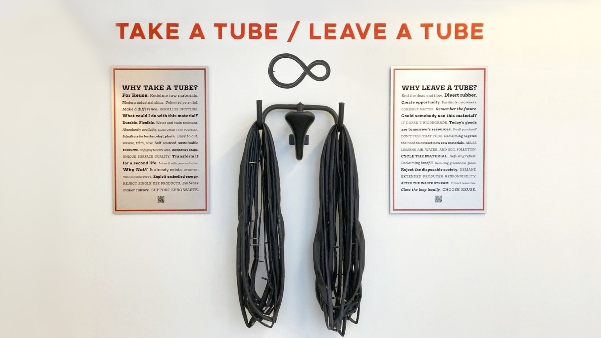 Take A Tube / Leave A Tube interactive material reuse exchange  at CMCA Biennial 2023 introduces viewers to the Rubber Impact Project