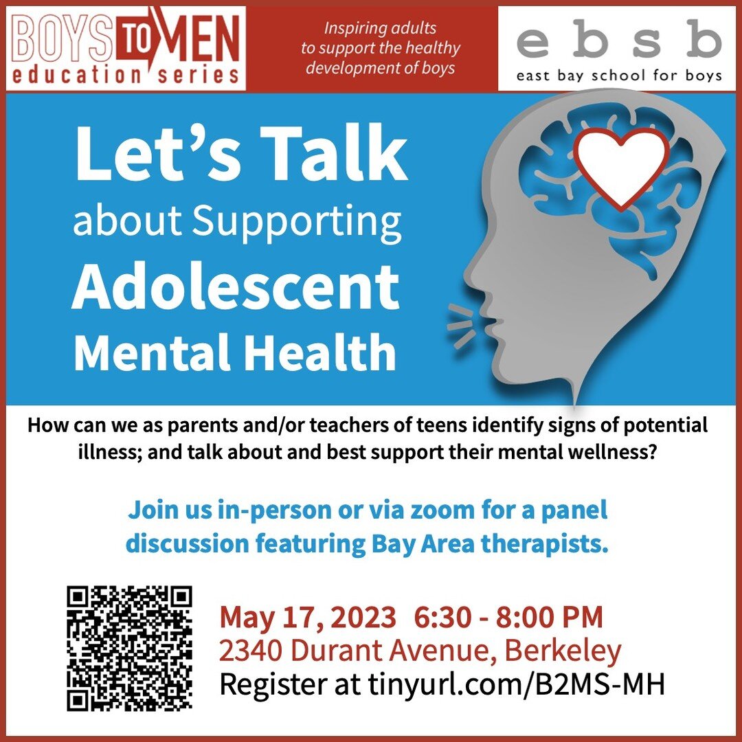 Join EBSB and a panel of Bay Area therapists in a conversation about #mentalhealth and how to best support our teens and promote wellness.

This is a hybrid event open to the public - zoom or in-person. Spread the word!