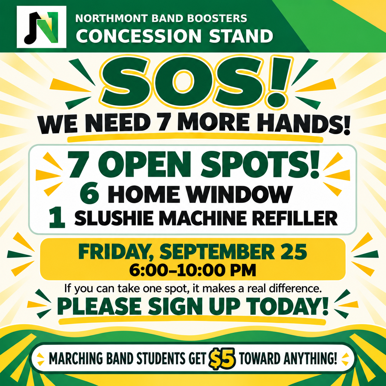 Concession Stand SOS: 6 Home Window Spots Open for Friday