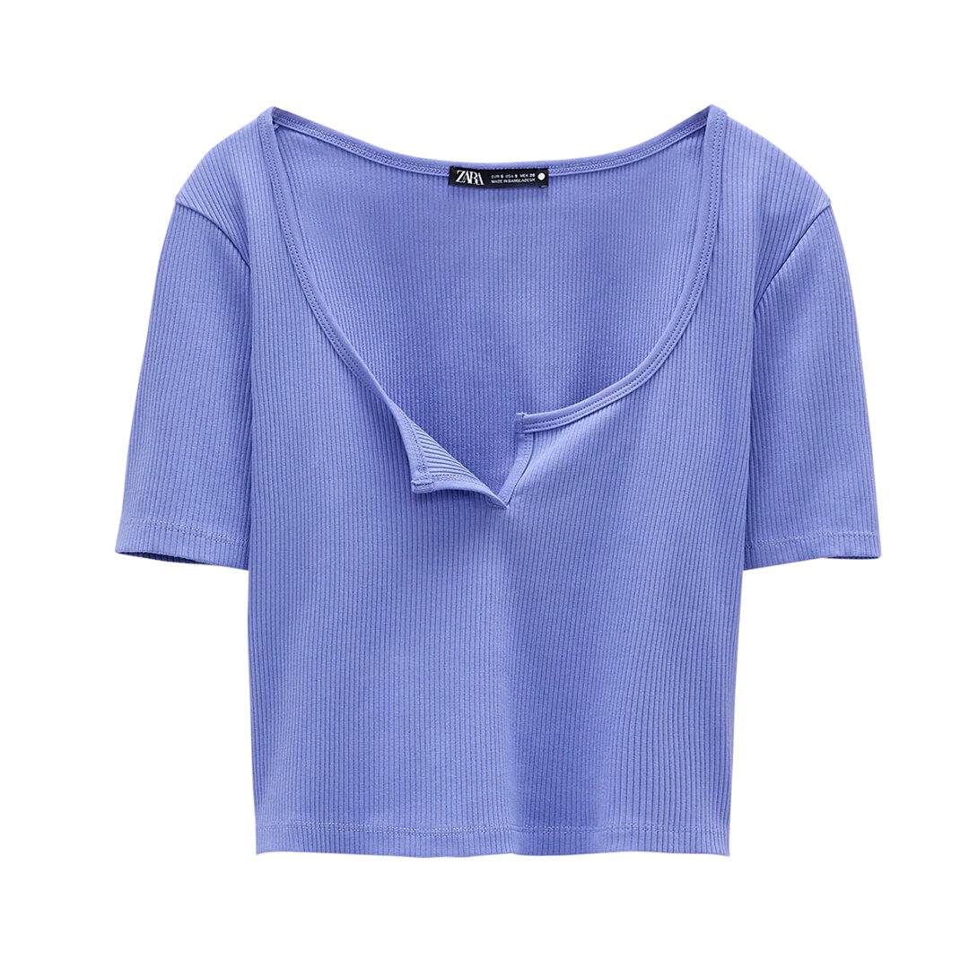 Zara Cropped Ribbed T-shirt Blue Lavender