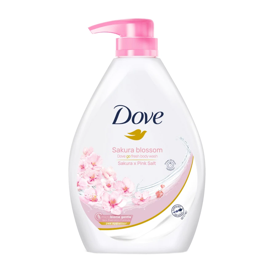   Dove   Sakura Blossom and Pink Salt Body Wash   Features:  • Rice Water essence  • Said to have 24 hours hydration 